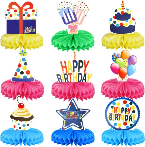 Vista 8 de 9 piezas de decoración de mesa de fiesta de cumpleaños, centros de mesa de panal de abeja de oro negro para mesa, decoración de mesa de cumpleaños