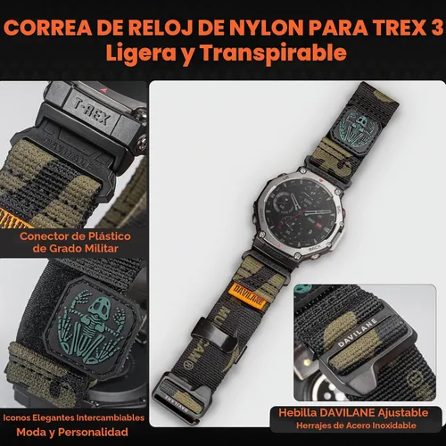 Vista 4 de Correa de reloj de nailon de 0.866 in compatible con Amazfit T-Rex 3, diseño de parches militares, resistente correa de repuesto deportiva