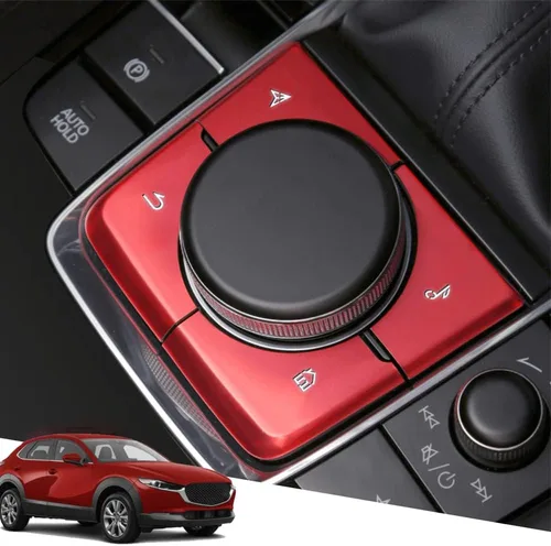 Vista 2 de Great luck - Cubierta de botón de control multimedia de aluminio, cubierta de marco interior, 4 piezas/juego (azul) para Mazda 3 (2019-2021) CX-30