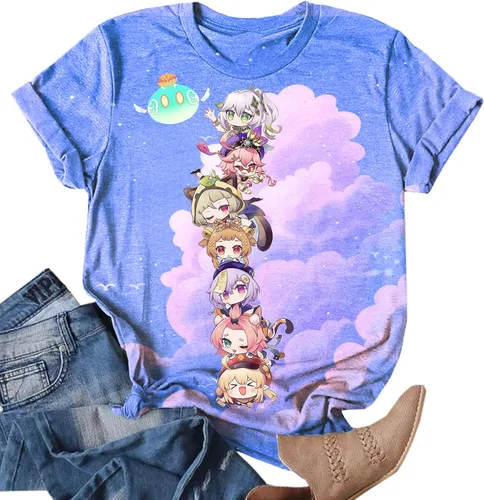 Vista 6 de Genshin Impact - Camiseta para mujer, camisetas de Hu Tao con manga corta para fanáticos unisex, patrones de impresión vivos y duraderos