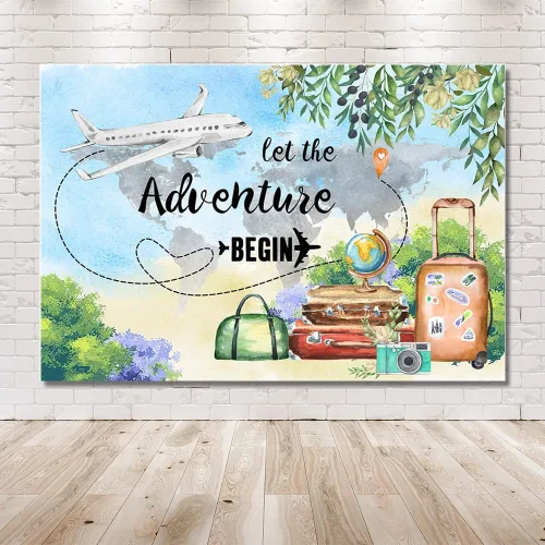 Vista 6 de MEHOFOND Let The Adventure Begin - Telón de fondo para baby shower, viaje, cumpleaños, graduación, fiesta de jubilación, pancarta de avión