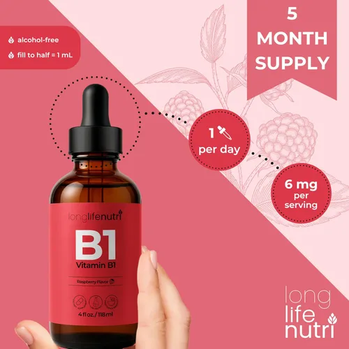 Vista 6 de LongLifeNutri Gotas líquidas de vitamina B1, suplemento de mononitrato de tiamina para energía y salud nerviosa, absorción rápida, 4 onzas líquidas
