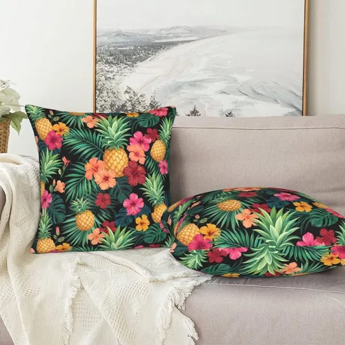Vista 5 de Perinsto Hawaii - Juego de 2 fundas de almohada decorativas con diseño de hojas de palmera tropicales, flores de hibisco, fundas de cojín suaves