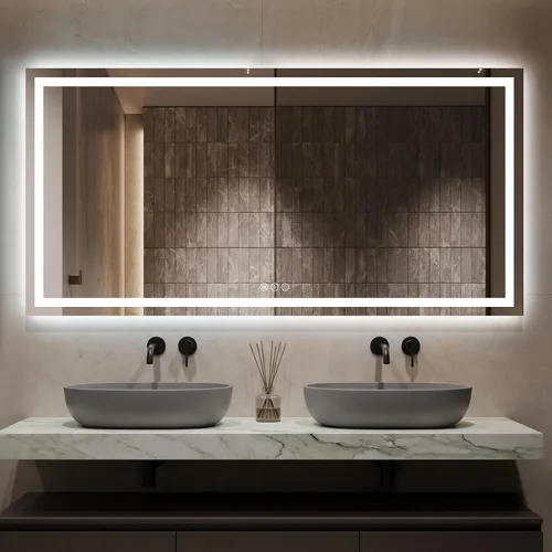Vista 20 de Espejo de baño LED de 24x32'' con luz, marco de aluminio, regulable frontal y retroiluminado, antivaho, sin distorsión, memoria de luz, templado e