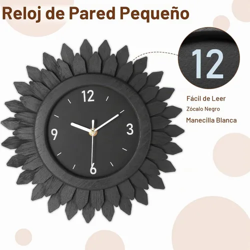 Vista 6 de Honiway Reloj de Pared a Batería de 12 Pulgadas de Madera Rústica Bohemio Sunburst Decorativo Reloj de Pared Silencioso Sin Tictac Negro Relojes