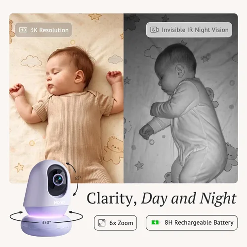 Vista 5 de Monai Monitor de bebé Nest WiFi con cámara y audio, portátil, batería de 8