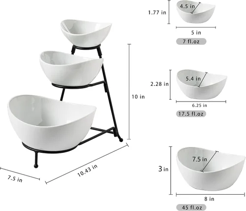 Vista 2 de Gomakren - Juego de cuencos ovalados de 3 niveles, soporte plegable de metal negro Multi-capacity porcelain bowls holiday party display, stable