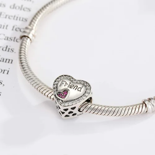 Vista 2 de Abalorio de plata de ley con forma de corazón para mejores amigas, compatible con pulseras Pandora para mujer