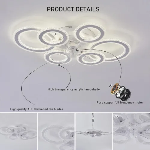 Vista 4 de Lámpara de techo inteligente de 76 cm con ventilador y motor CC de 6 marchas, ventilador de techo reversible silencioso con luz LED regulable