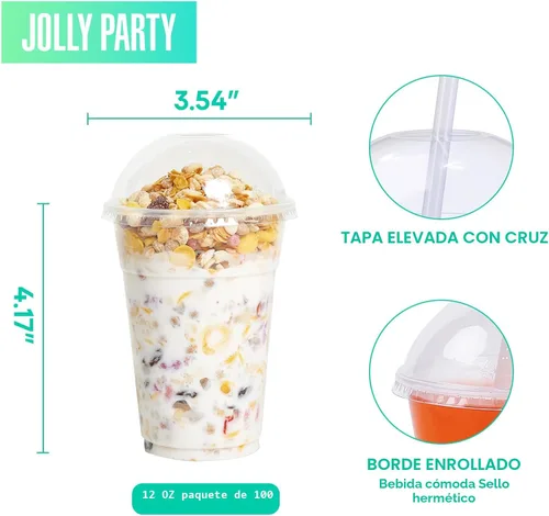 Vista 2 de Paquete de 100 vasos de plástico transparente de 12 onzas con tapas de cúpula, tazas desechables de parfait de postre para helado, bebidas de café
