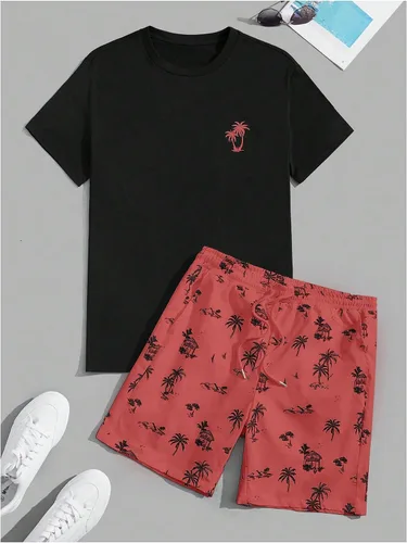Vista 79 de GORGLITTER Conjunto de 2 piezas de camiseta gráfica de manga corta para hombre, estampado hawaiano con cordón y pantalones cortos