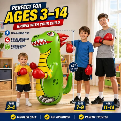 Vista 4 de Saco de boxeo inflable para niños, juguete de boxeo inflable Bop Bag - Dinosaurio inflable con movimiento instantáneo de rebote hacia atrás - El