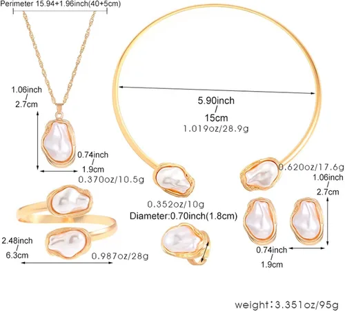 Vista 4 de HETICA Collar con colgante de perlas barrocas de 5 piezas, collar, anillos, aretes, pulsera, irregular, conjunto de joyas de perlas de regalo