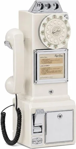 Vista 13 de Ryan Bros. Teléfono de pago retro americano de los 1950 con banco de monedas, teléfono fijo de pared con cable (negro)