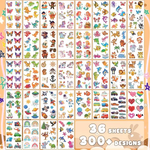 Vista 5 de Tatuajes temporales para niños, 300 unidades, bolsas de regalo para niños, suministros de fiesta de cumpleaños para niñas y niños, tatuajes