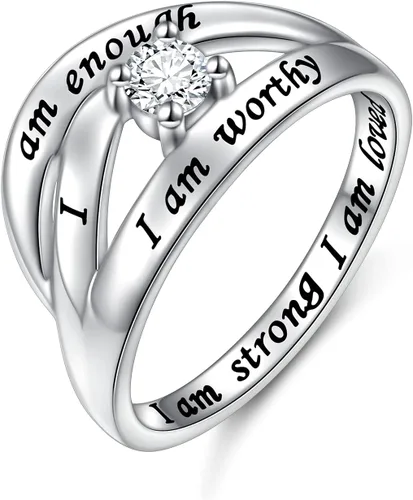 Vista 8 de DAOCHONG Anillo de Plata de Ley 925 "Soy Suficiente, Soy Digna, Soy Fuerte, Soy Amada" para Mujeres