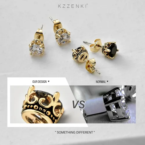 Vista 4 de Aretes negros y dorados para hombres y mujeres, con corona retro, hipoalergénicos, de acero inoxidable, con circonita cúbica