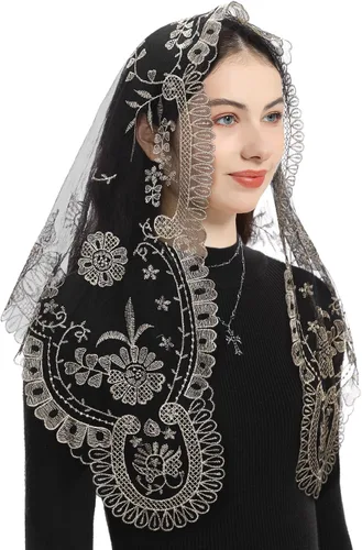 Vista 4 de Bozidol Velo de iglesia triangular tradicional - Estilo español con bordado del Santo Grial de Encaje Mantilla velo para mujer