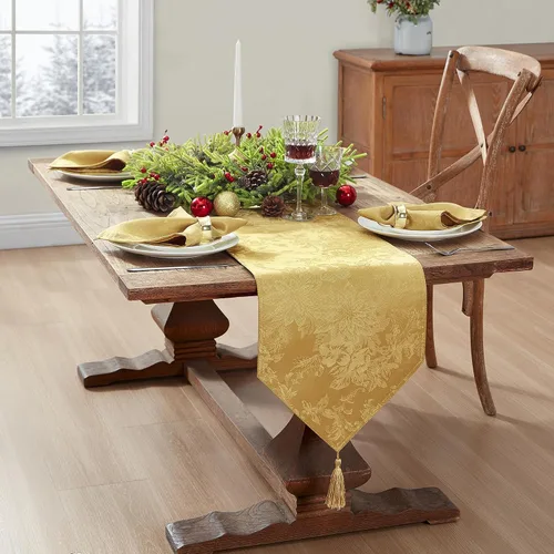Vista 2 de Elrene Home Fashions Poinsettia Elegance - Camino de mesa de vacaciones jacquard, 13 x 70 pulgadas, dorado
