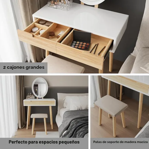 Vista 4 de YOURLITE Escritorio de Tocador de Maquillaje con Luces, Tocador Pequeño con Espejo de Brillo Ajustable para Espacios Pequeños, Escritorio de Tocador