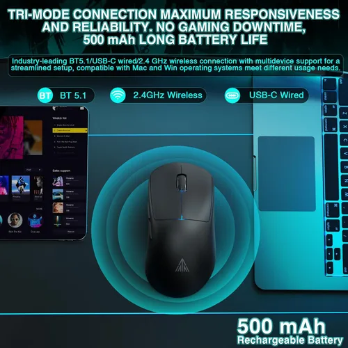 Vista 6 de SOLAKAKA SM850 - Ratón inalámbrico para juegos, 24000 DPI, mouse ligero de 1.97 oz, 6 botones programables, mouse ergonómico para computadora, tres