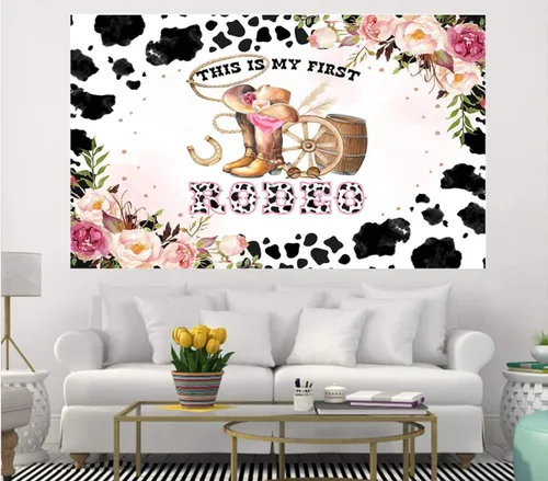 Vista 4 de This is My First Rodeo - Telón de fondo de fotos para niña de 1 año, flores, flores, vaquera, estudio fotográfico, decoración de fiesta