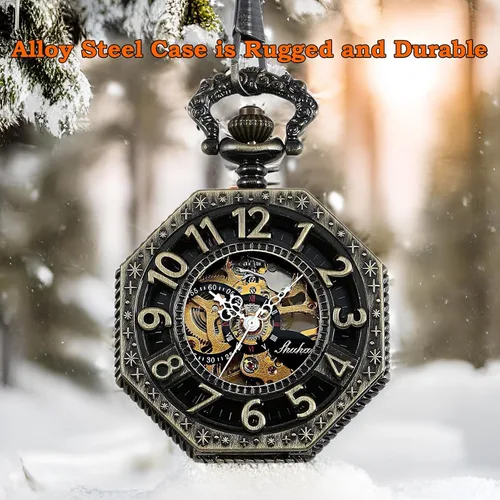 Vista 2 de CHPW02 - Reloj de bolsillo para hombre, reloj de bolsillo mecánico de ferrocarril vintage con cadena, números de bronce, octágono, steampunk