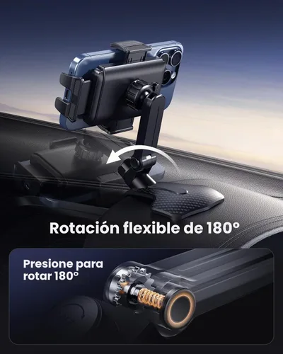 Vista 4 de Soporte de teléfono para tablero de instrumentos con clip anticaída, rotación de 360°, soporte multifuncional para teléfono celular para iPhone