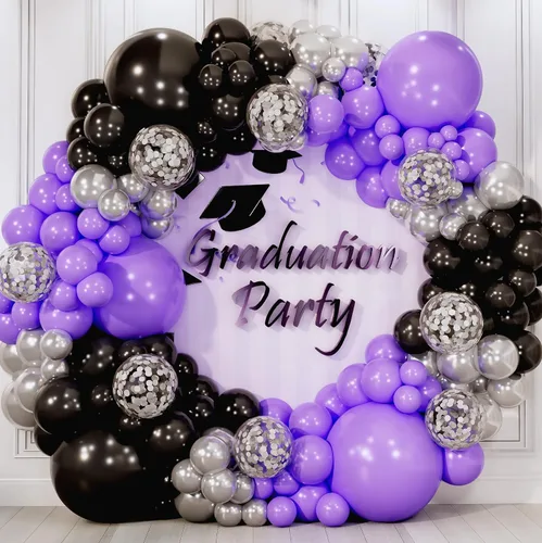 Vista 6 de Kit de guirnalda y arco de globos morados y negros todo en 1, globos pequeños y grandes, morado, negro y plateado, decoraciones de fiesta