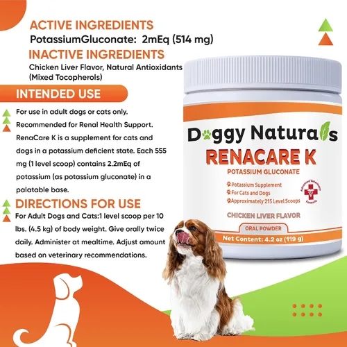Vista 2 de RenaCare K es para Renal K (gluconato de potasio) Suplemento en polvo de potasio para perros y gatos, (4 onzas) con sabor a hígado de pollo