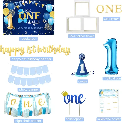 Vista 2 de Decoraciones de Primer Cumpleaños para Niño, Decoraciones de Primer Cumpleaños para Niño, Suministros de Fiesta de Primer Cumpleaños para Bebé