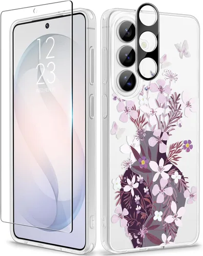 Vista 67 de GVIEWIN Funda protectora para Samsung Galaxy S25, transparente floral, delgada, a prueba de golpes, para mujer, no se pone amarilla, con protector
