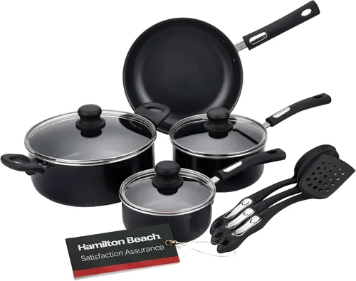 Vista 10 de Hamilton Beach Juego de utensilios de cocina cubiertos de aluminio, sartén antiadherente, horno holandés con mango de baquelita suave al tacto, Negro