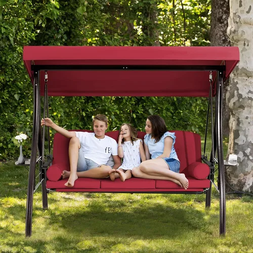 Vista 10 de HOMREST Columpio para porche al aire libre para 3 personas con portavasos mejorado de 1.5 pulgadas, toldo ajustable, respaldo, cama columpio