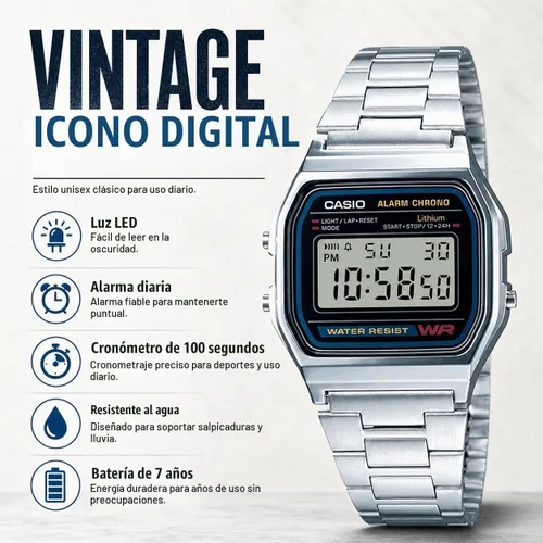 Vista 5 de Casio A158WA Series Unisex Digital Watch Vintage WR 100 SEC Stop Watch Daily Alarm Regular Time Keeping: Hour, Minute, Second, PM, Date