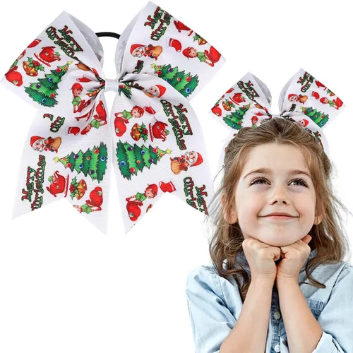 Vista 8 de Pajaritas de pelo de animación de Navidad con cinta elástica de grogrén impresa de Navidad de 7 pulgadas, soporte para cola de caballo de muñeco