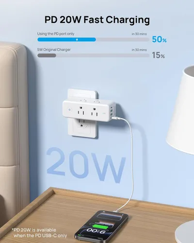 Vista 3 de TROND 2 Pack Outlet Extender with 360 Rotating Plug and PD20W USB C Charger Blanco