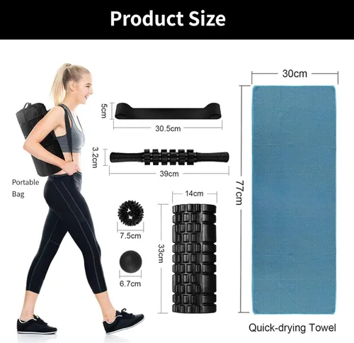 Vista 2 de Aucuu El juego de rodillos de espuma 6 en 1 incluye rodillo de masaje de núcleo hueco, palo de yoga, pelota de masaje, correa de estiramiento