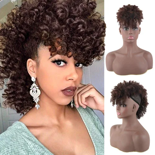 Vista 19 de Aisaide Cola de caballo afro Mohawk alta con flequillo sin cordón, extensión de cola de caballo corta rizada sin cordón, clip sintético en moño