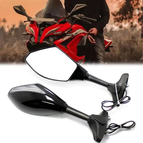 Vista 7 de Espejos Retrovisores con Indicadores LED de Señal de Giro para Motocicleta, para Motos de Carreras y Motos Deportivas (Carbono+Lente Ahumado)