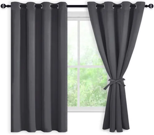 Vista 8 de DWCN Cortinas opacas 100% gris oscuro con alzapaños, doble capa, aislamiento térmico, oscurecimiento de la habitación, reducción de ruido, con Blanco