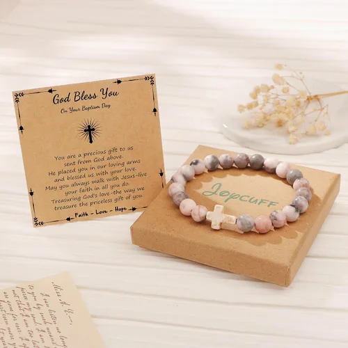 Vista 6 de JoycuFF Regalos Cristianos, Pulseras de Cruz para Mujeres, Joyería Cristiana Católica Religiosa de Fe de Pascua, Pulseras de Piedra Natural