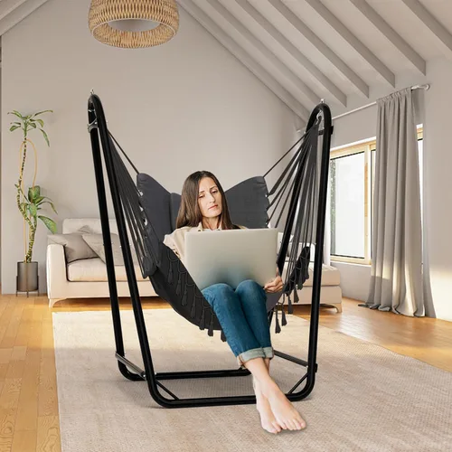 Vista 5 de Silla hamaca única en forma de U con soporte, resistente y resistente al óxido, silla hamaca de algodón gris gratis
