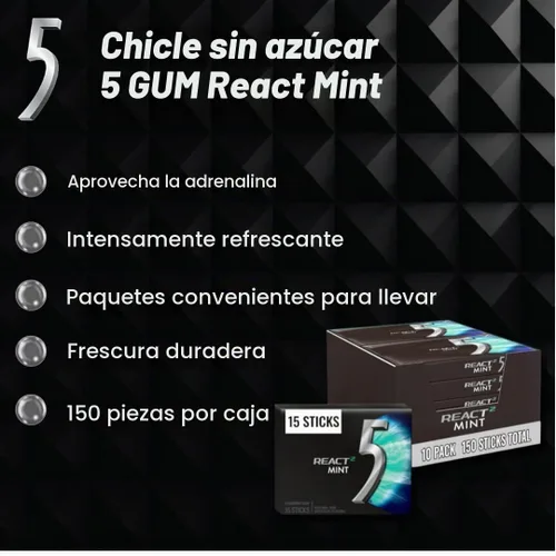 Vista 7 de 5 GUM React Mint Goma de Mascar sin Azúcar Paquete Grande (10 paquetes x 15 palitos) Sabor Intenso y de Larga Duración