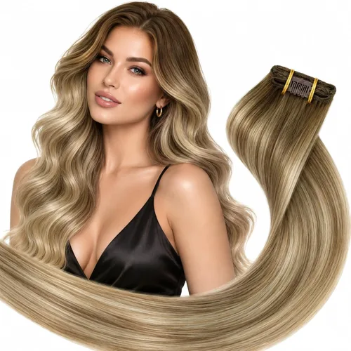 Vista 25 de Ve Sunny Extensiones de cabello humano real con clip balayage, color marrón castaño degradado a rubio, 12 pulgadas, 5 unidades, 2.82 onzas