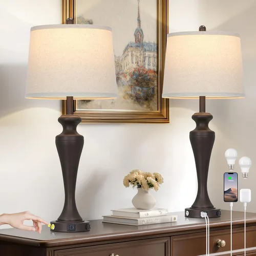 Vista 16 de Lámpara de mesa marrón oscuro de 30 pulgadas, lámpara de noche individual con control táctil de 3 vías con puertos USB A+C y salida de CA, lámparas