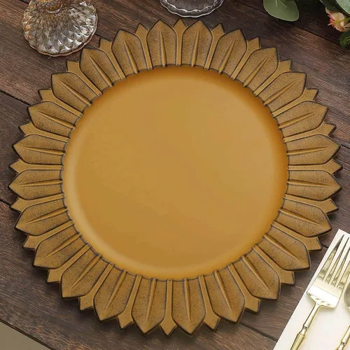 Vista 6 de Efavormart Paquete de 6 Platos Cargadores de Cena de Plástico de Girasol Amarillo Mostaza Mate de 13", Bandejas Redondas Desechables para Servir