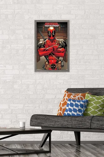 Vista 2 de Trends International Marvel Comics Deadpool - Póster de pared de postura, 14.725 x 22.375 pulgadas, versión enmarcada de madera de granero
