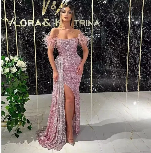 Vista 5 de Vestidos de fiesta de lentejuelas con hombros descubiertos, vestido formal de sirena brillante, vestido largo de fiesta de noche con abertura