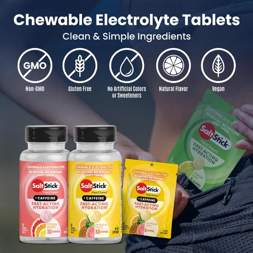 Vista 6 de SaltStick Electrolyte FastChews con cafeína – 60 tabletas masticables Citrus Burst – Tabletas de sal para correr e hidratar, masticables